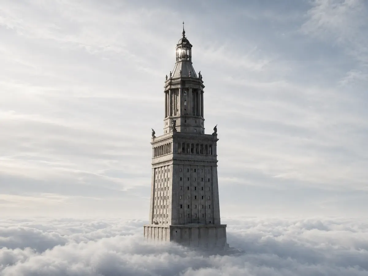 A lighthouse rising above a sea of clouds
