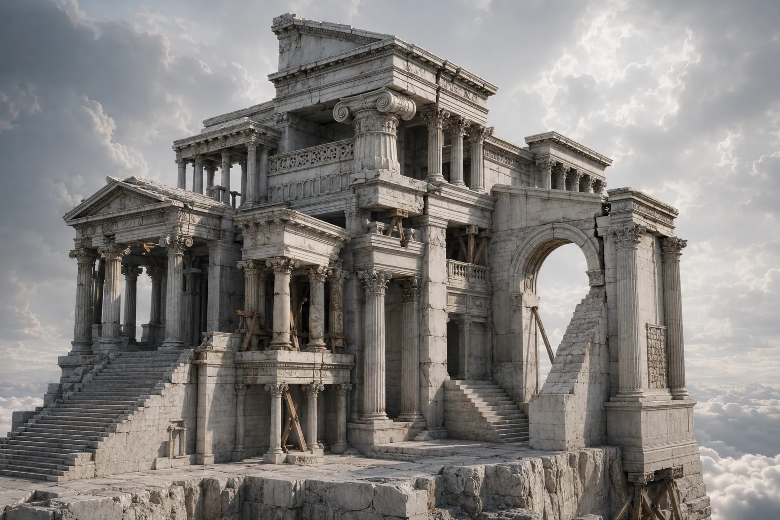 A monumental classical ruin beneath a cloudy sky